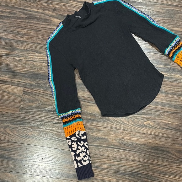Free People Black Top with Colorful Patterned Sleeves - Picture 2 of 5